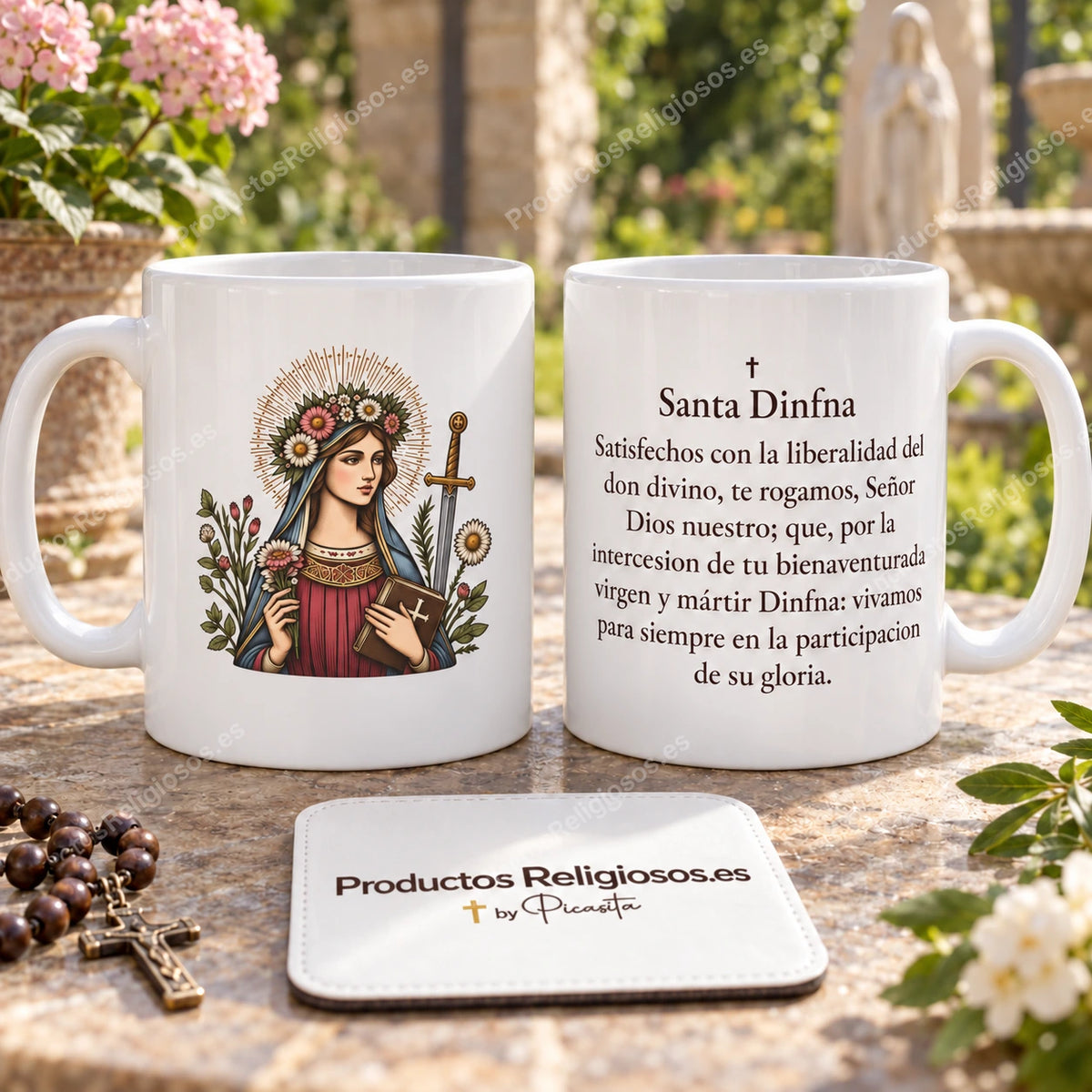 Taza de Santa Dinfna, diseño 4 a color y oración histórica en español. Vistas de la ilustración y el reverso en una escena de producto.