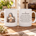 Tazza di santa Melangell, disegno 1 a colori e preghiera storica in spagnolo. Viste dell’illustrazione e del retro in una scena di prodotto.