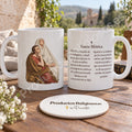 Saint Monica Mug, design 4 in colour with a historical prayer in Spanish. Views of the illustration and reverse in a product scene.
