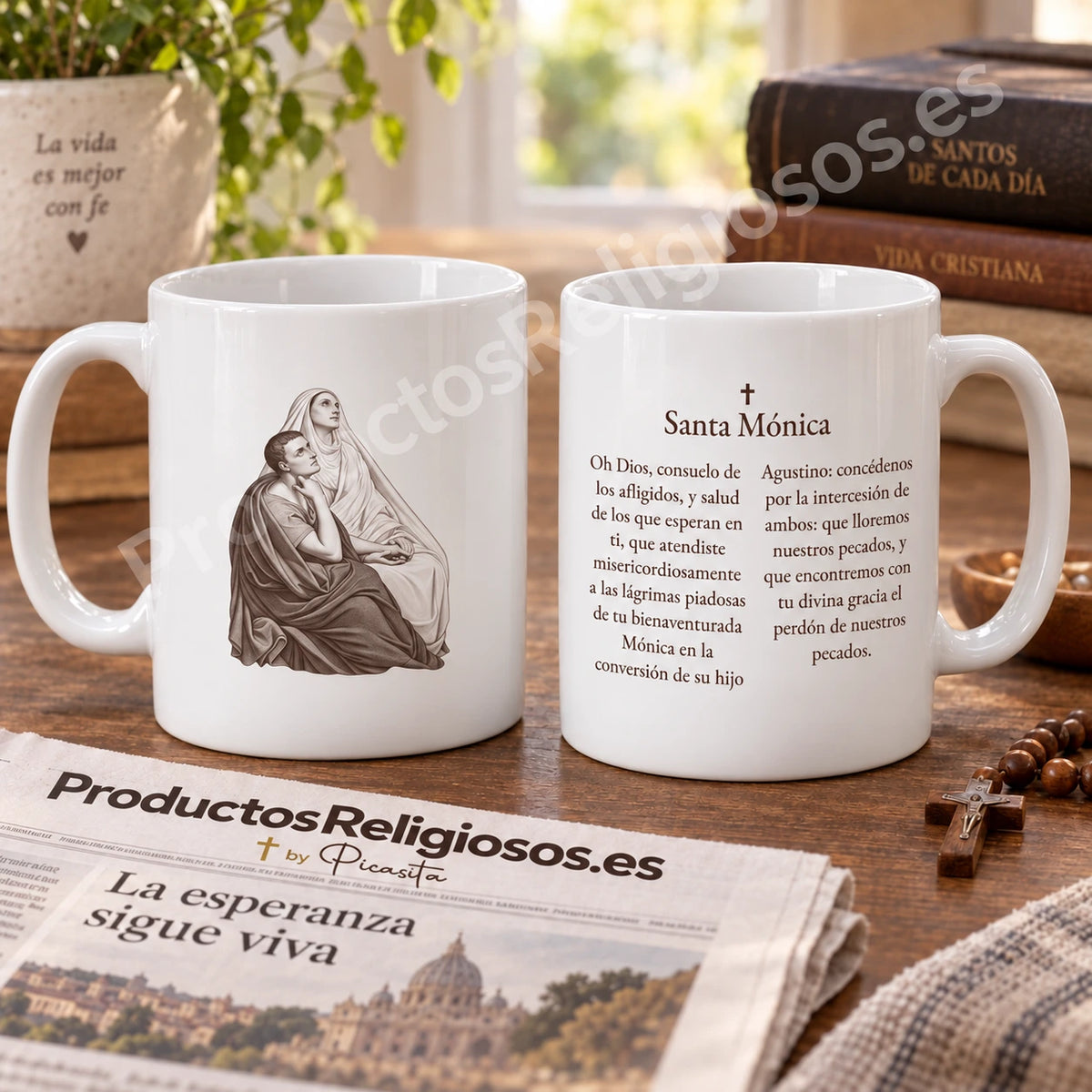 Saint Monica Mug, design 4 in dark ink with a historical prayer in Spanish. Views of the illustration and reverse in a product scene.