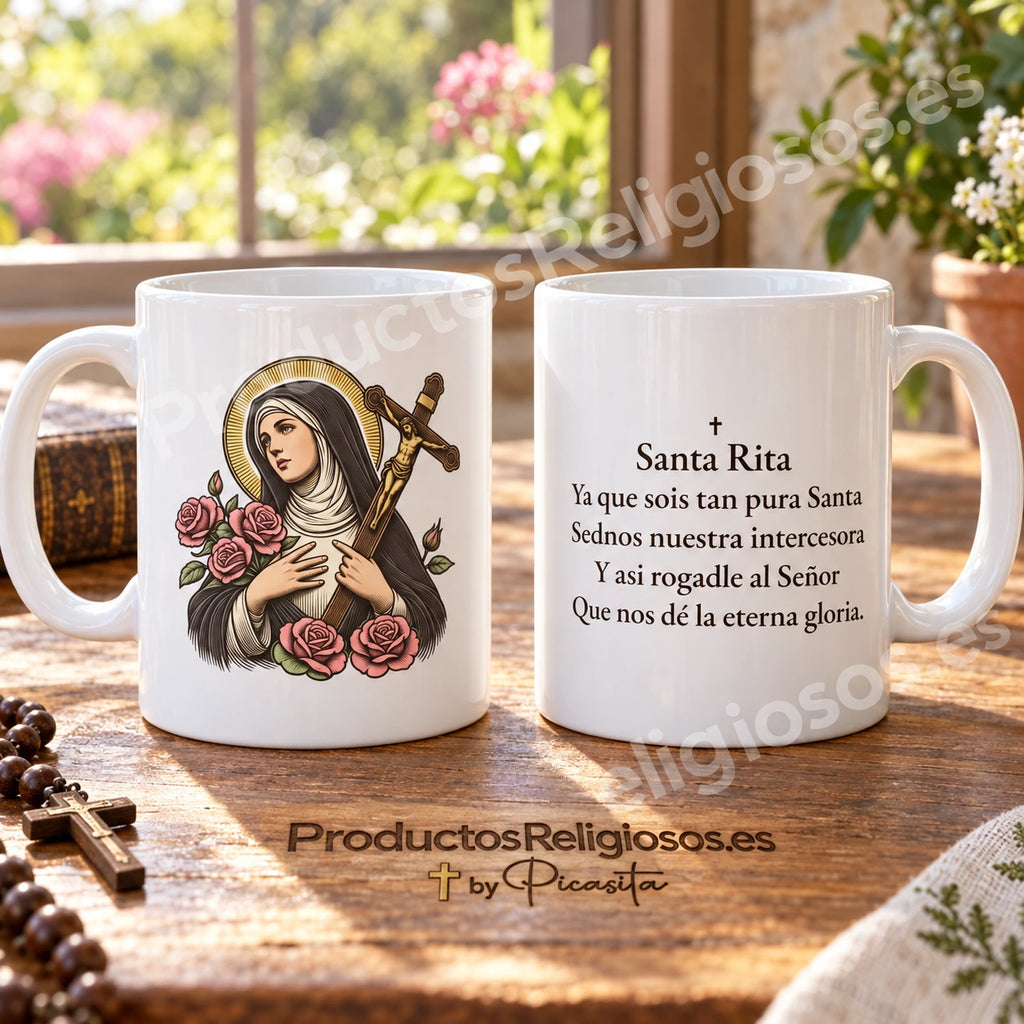 Saint Rita Mug, design 1 in colour with a historical prayer in Spanish. Views of the illustration and reverse in a product scene.