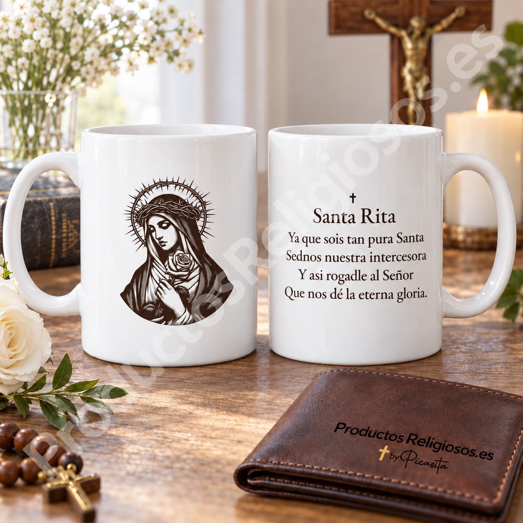 Saint Rita Mug, design 4 in dark ink with a historical prayer in Spanish. Views of the illustration and reverse in a product scene.