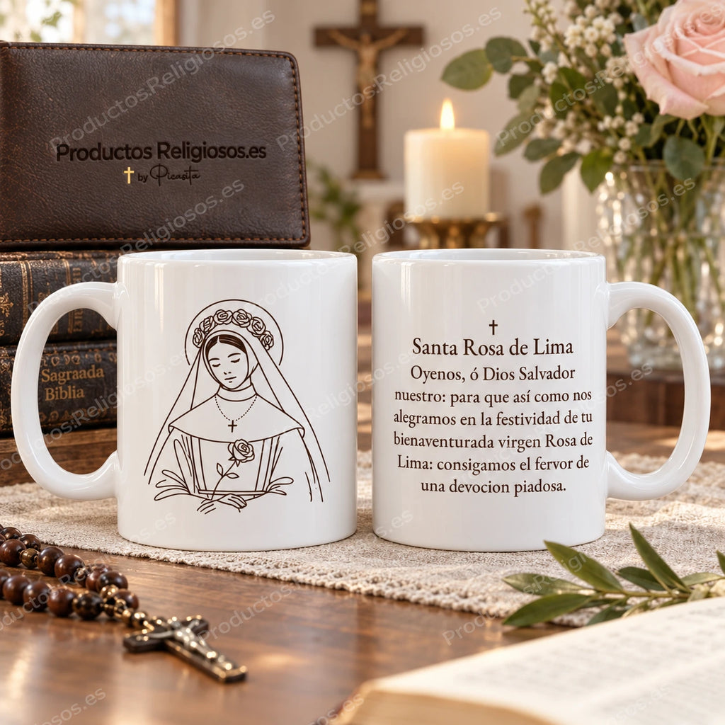 Tasse der heiligen Rosa, Motiv 4 in dunkler Tinte und historisches Gebet auf Spanisch. Ansichten der Illustration und Rückseite in einer Produktszene.