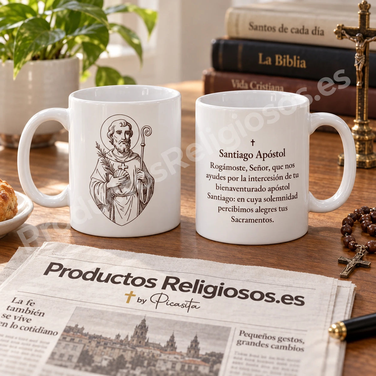 Tassa de la pregària · A l'apòstol Sant Jaume, disseny 4 en tinta fosca i pregària històrica en castellà. Vistes de la il·lustració i el revers en una escena de producte.