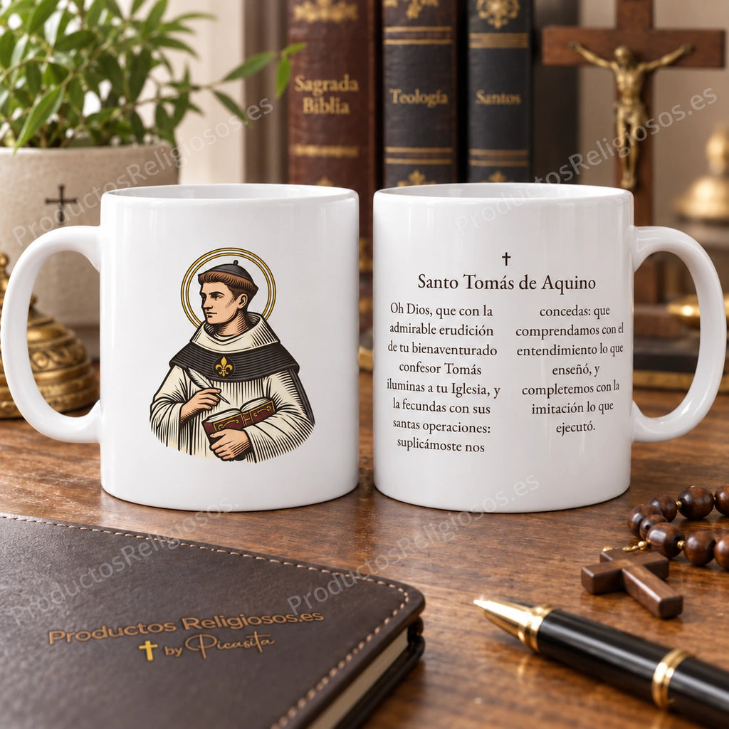 Tasse de Saint Thomas d'Aquin, motif 3 en couleur et prière historique en espagnol. Vues de l’illustration et du revers dans une scène de produit.