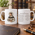 Tasse de Saint Thomas d'Aquin, motif 3 en couleur et prière historique en espagnol. Vues de l’illustration et du revers dans une scène de produit.