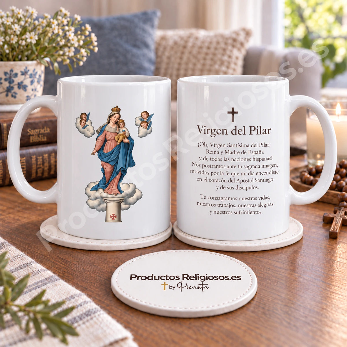 Entrambi i lati della nostra tazza con la Vergine del Pilar, con l’illustrazione 3 a colori e la preghiera in spagnolo.
