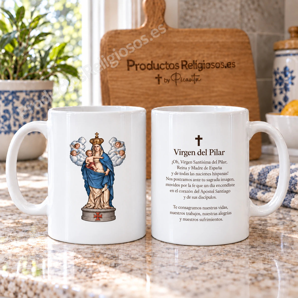 Entrambi i lati della nostra tazza con la Vergine del Pilar, con l’illustrazione 4 a colori e la preghiera in spagnolo.