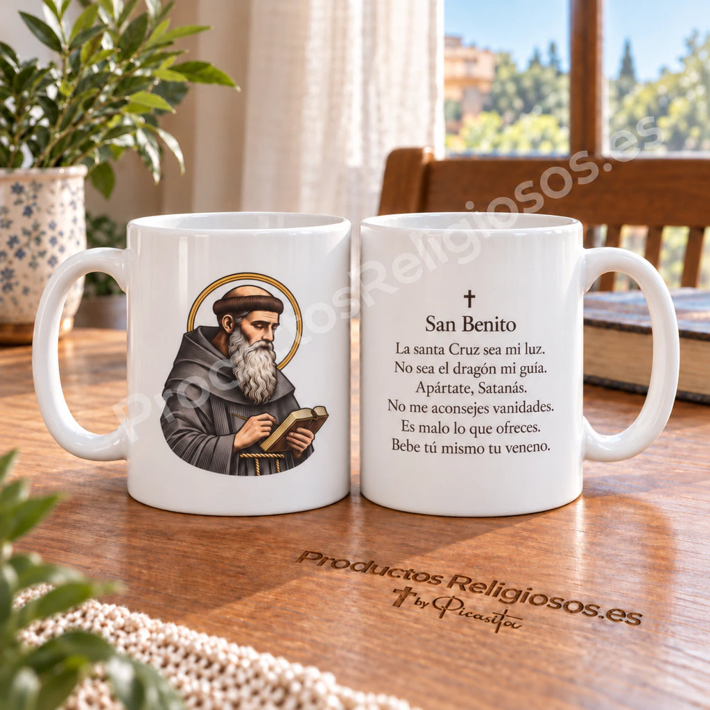 Both sides of our Saint Benedict mug, with illustration 1 in colour and the prayer in Spanish.