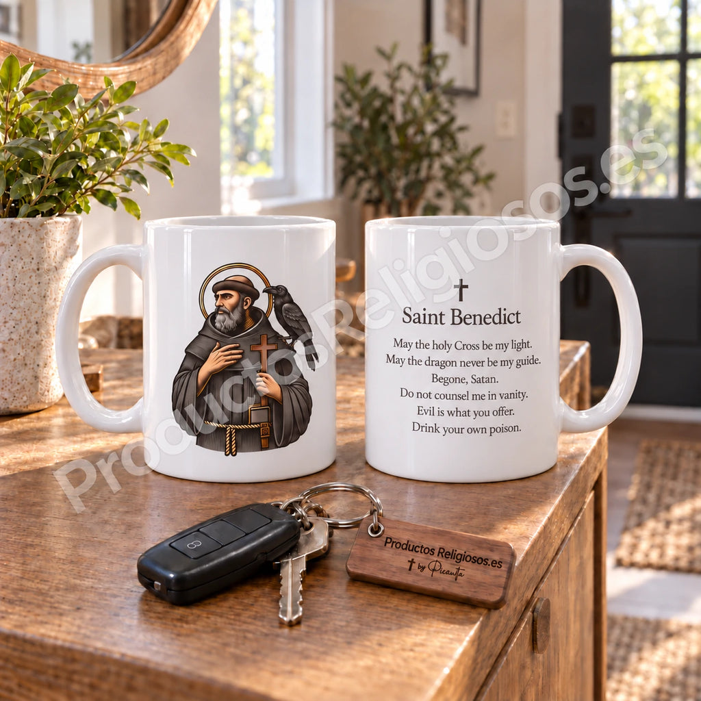 Os dois lados da nossa caneca de São Bento, com a ilustração 2 a cores e a oração em inglês.