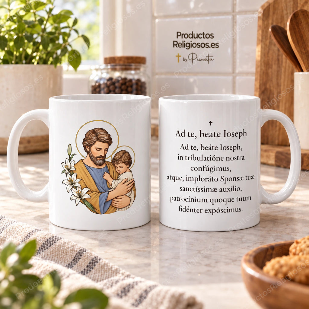 Tazza della preghiera · A San Giuseppe, disegno 2 a colori. Preghiera in latino. Illustrazione e retro.