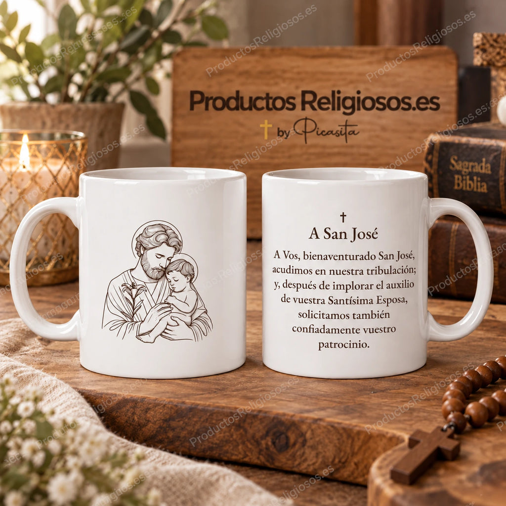 Tazza della preghiera · A San Giuseppe, disegno 1 con inchiostro scuro. Preghiera in spagnolo. Illustrazione e retro.