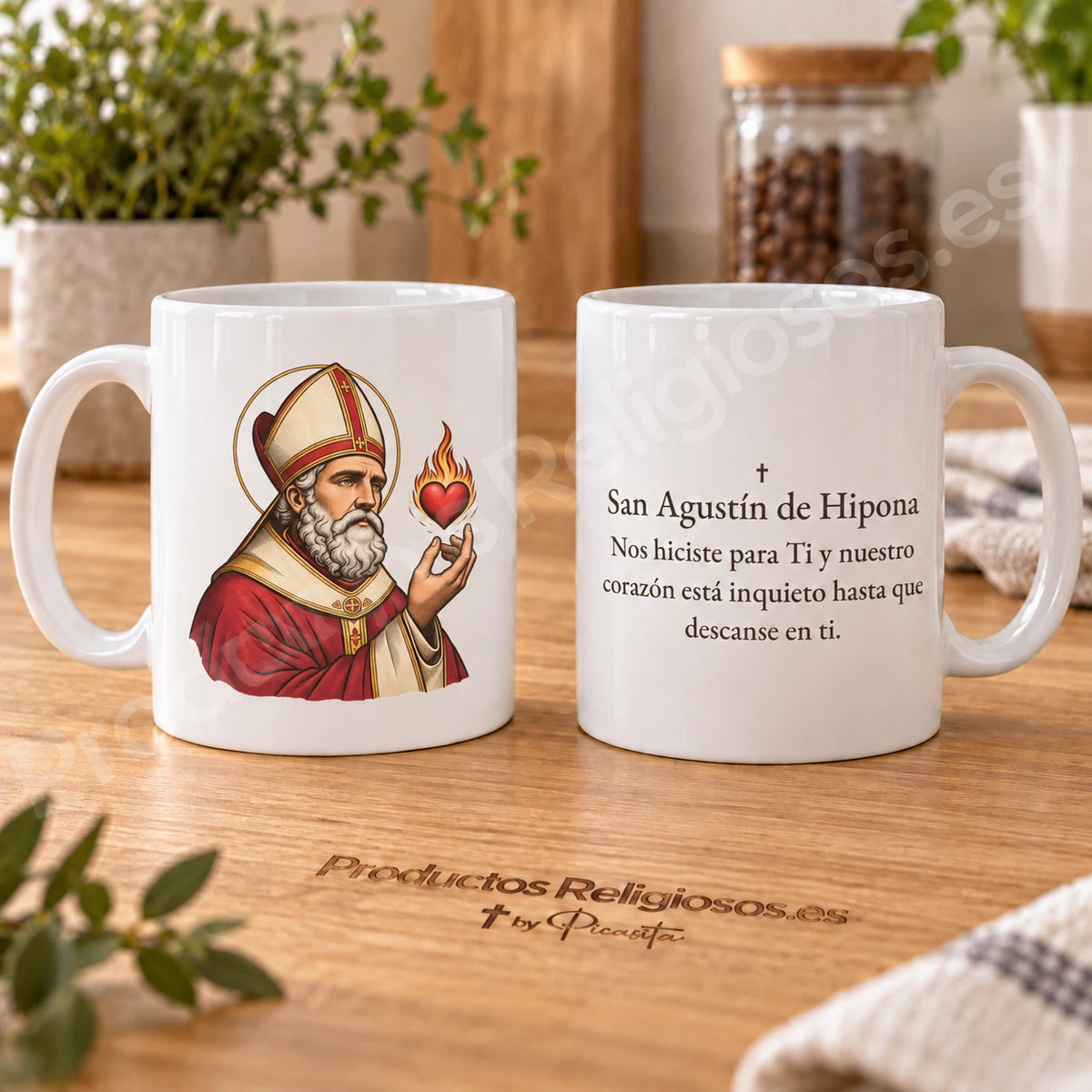 Tazza di sant’Agostino, disegno 1, a colori, con la preghiera in spagnolo. Viste dell’illustrazione e del retro in una scena di prodotto.