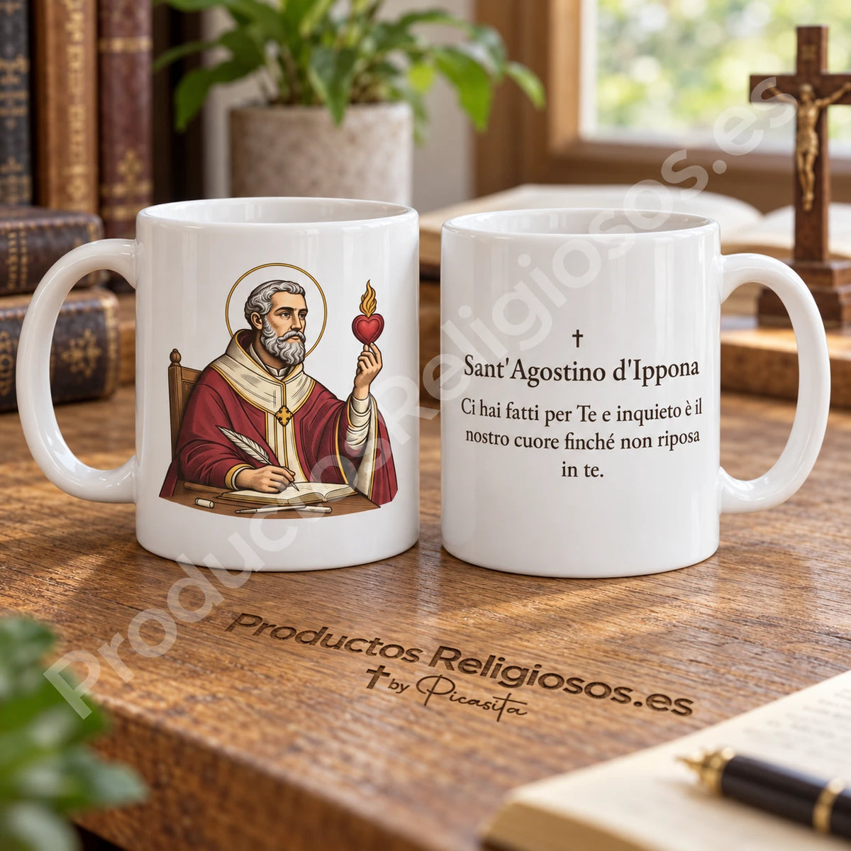 Tazza di sant’Agostino, disegno 2, a colori, con la preghiera in italiano. Viste dell’illustrazione e del retro in una scena di prodotto.