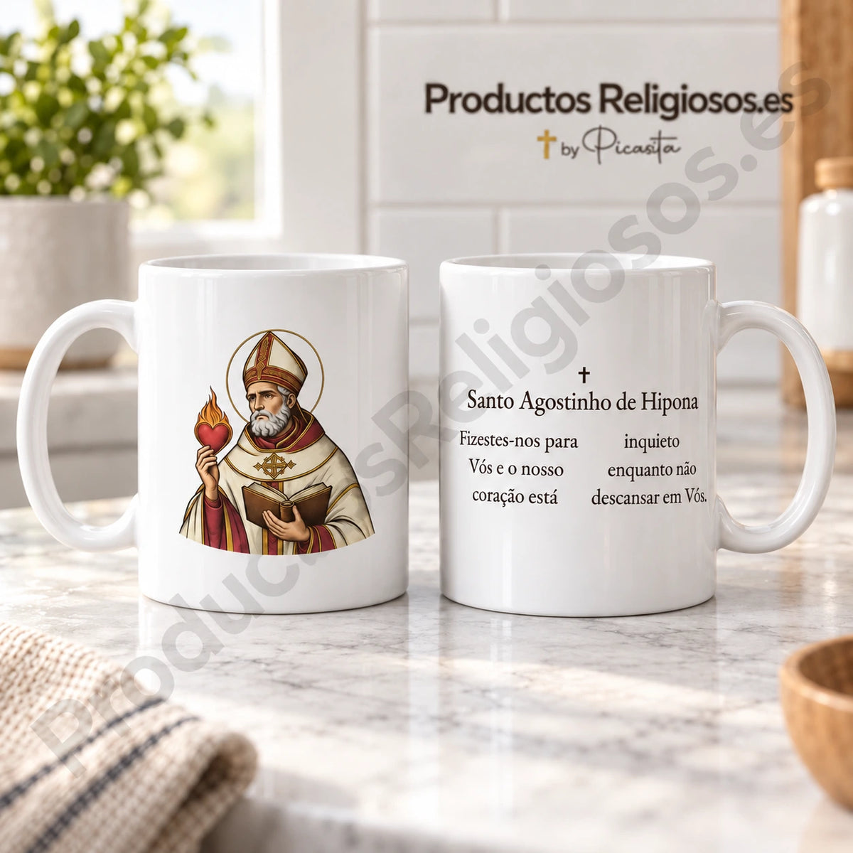 Tazza di sant’Agostino, disegno 3, a colori, con la preghiera in portoghese. Viste dell’illustrazione e del retro in una scena di prodotto.