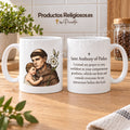 Saint Anthony of Padua mug, design 2, in colour, with the prayer in English. Illustration and reverse views in a product scene.