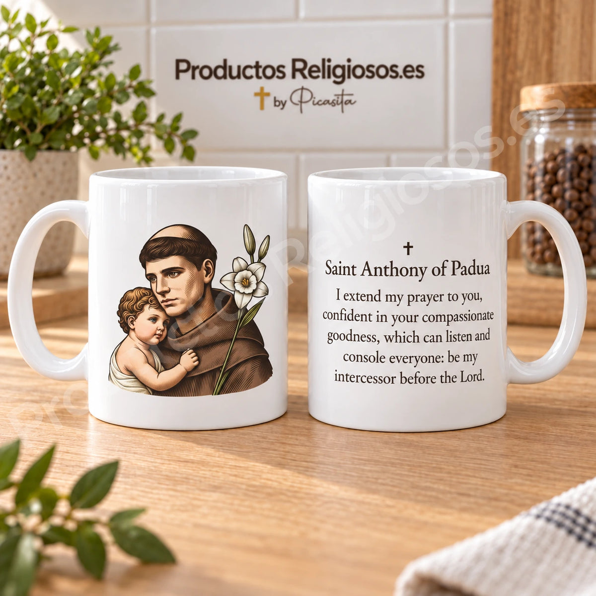 Saint Anthony of Padua mug, design 2, in colour, with the prayer in English. Illustration and reverse views in a product scene.