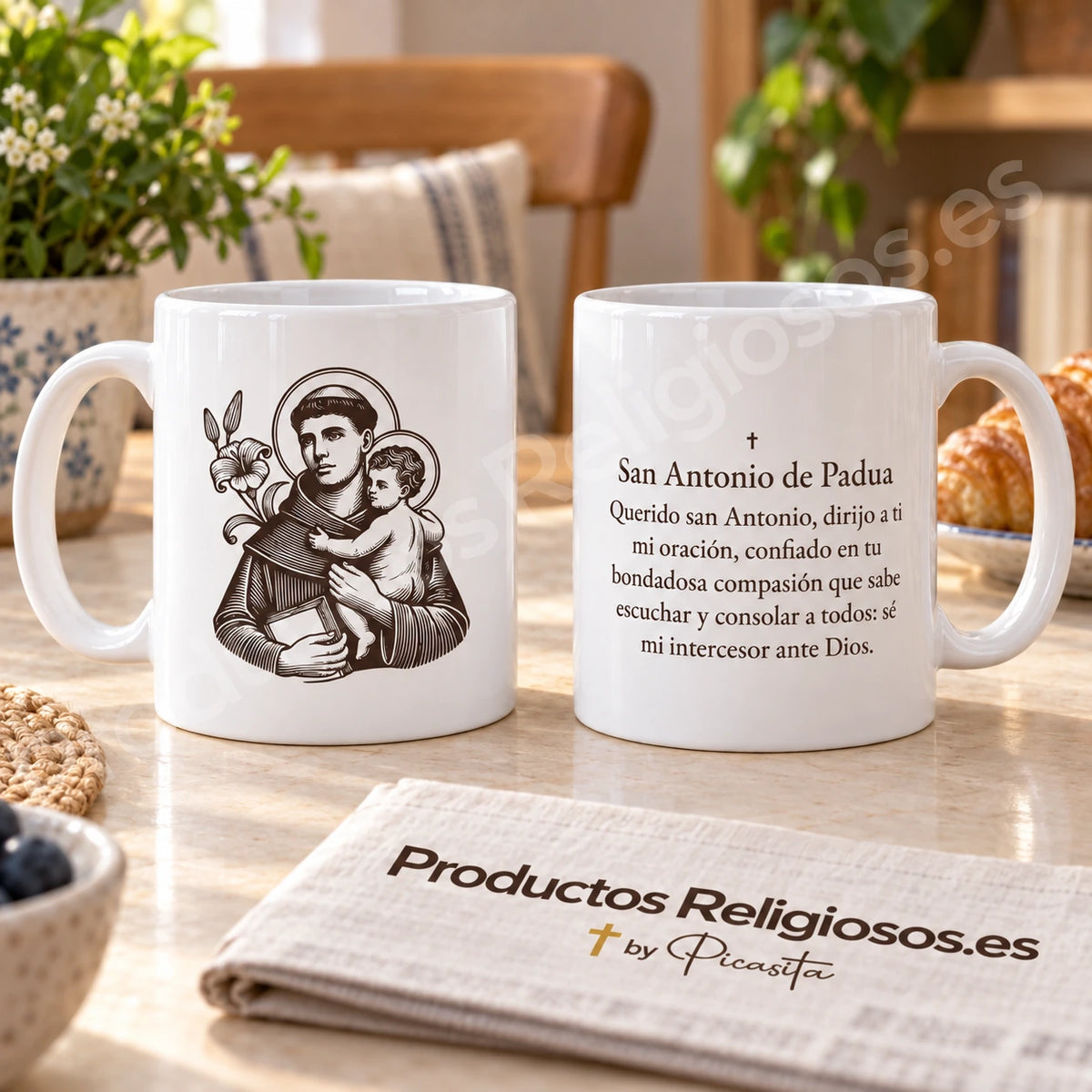 Saint Anthony of Padua mug, design 4, in dark ink, with the prayer in Spanish. Illustration and reverse views in a product scene.