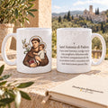 Saint Anthony of Padua mug, design 4, in colour, with the prayer in Italian. Illustration and reverse views in a product scene.