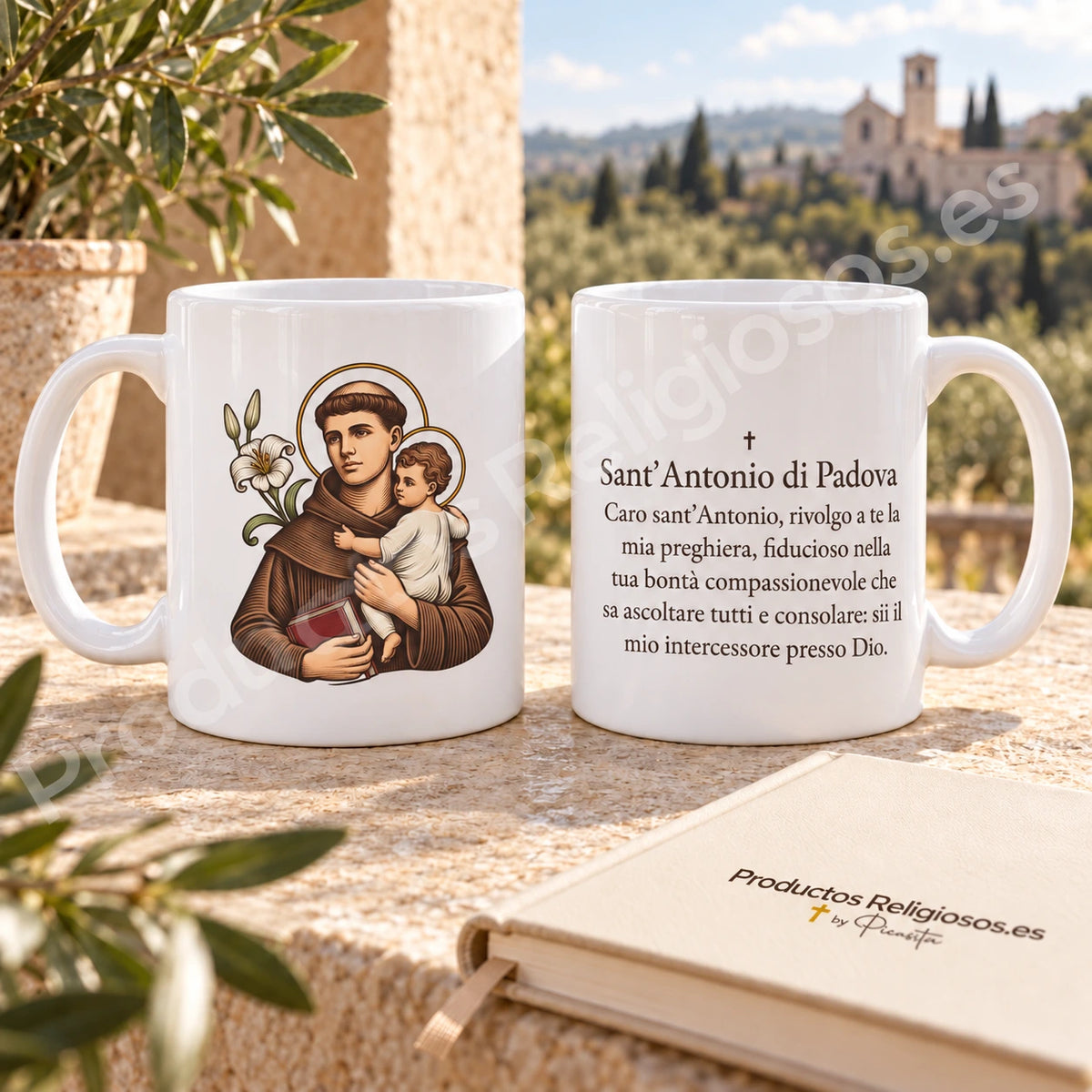 Saint Anthony of Padua mug, design 4, in colour, with the prayer in Italian. Illustration and reverse views in a product scene.