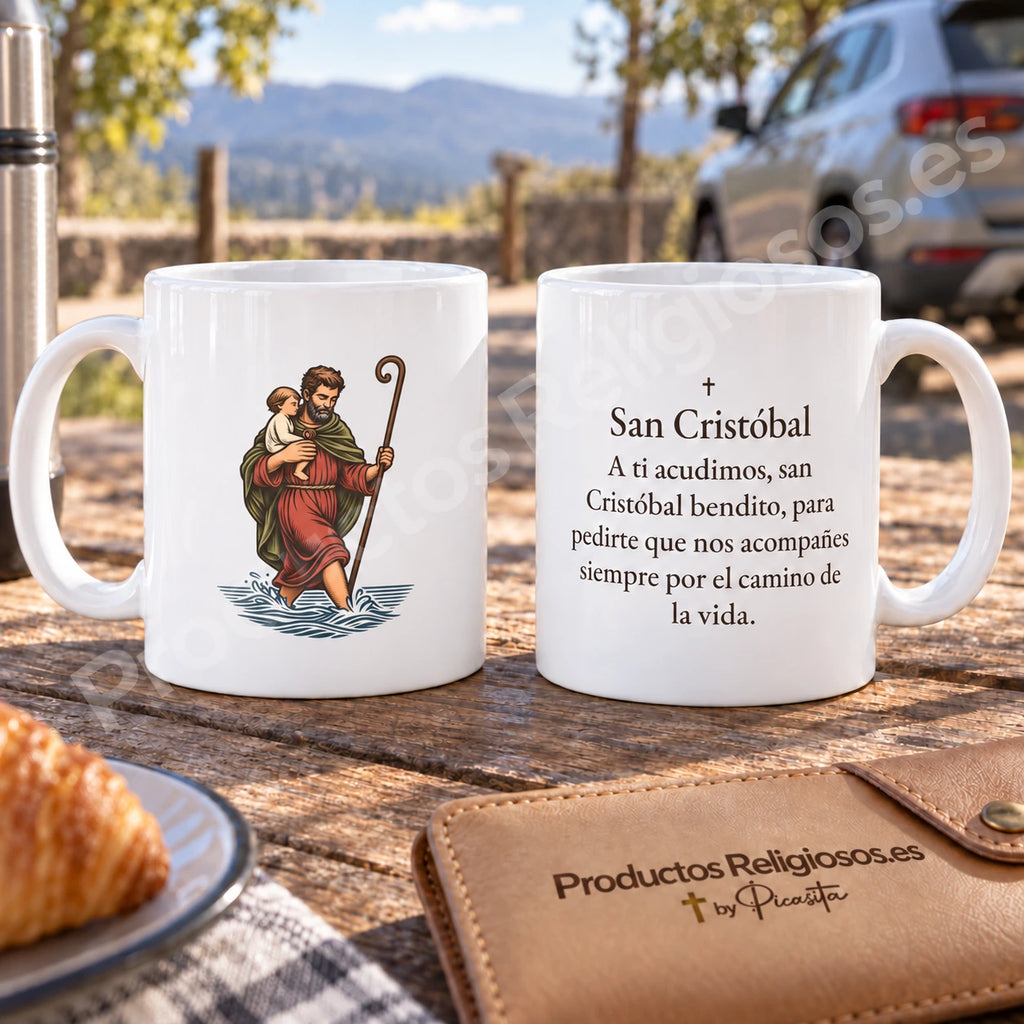 Saint Christopher mug, design 1, in colour, with the prayer in Spanish. Illustration and reverse views in a product scene.