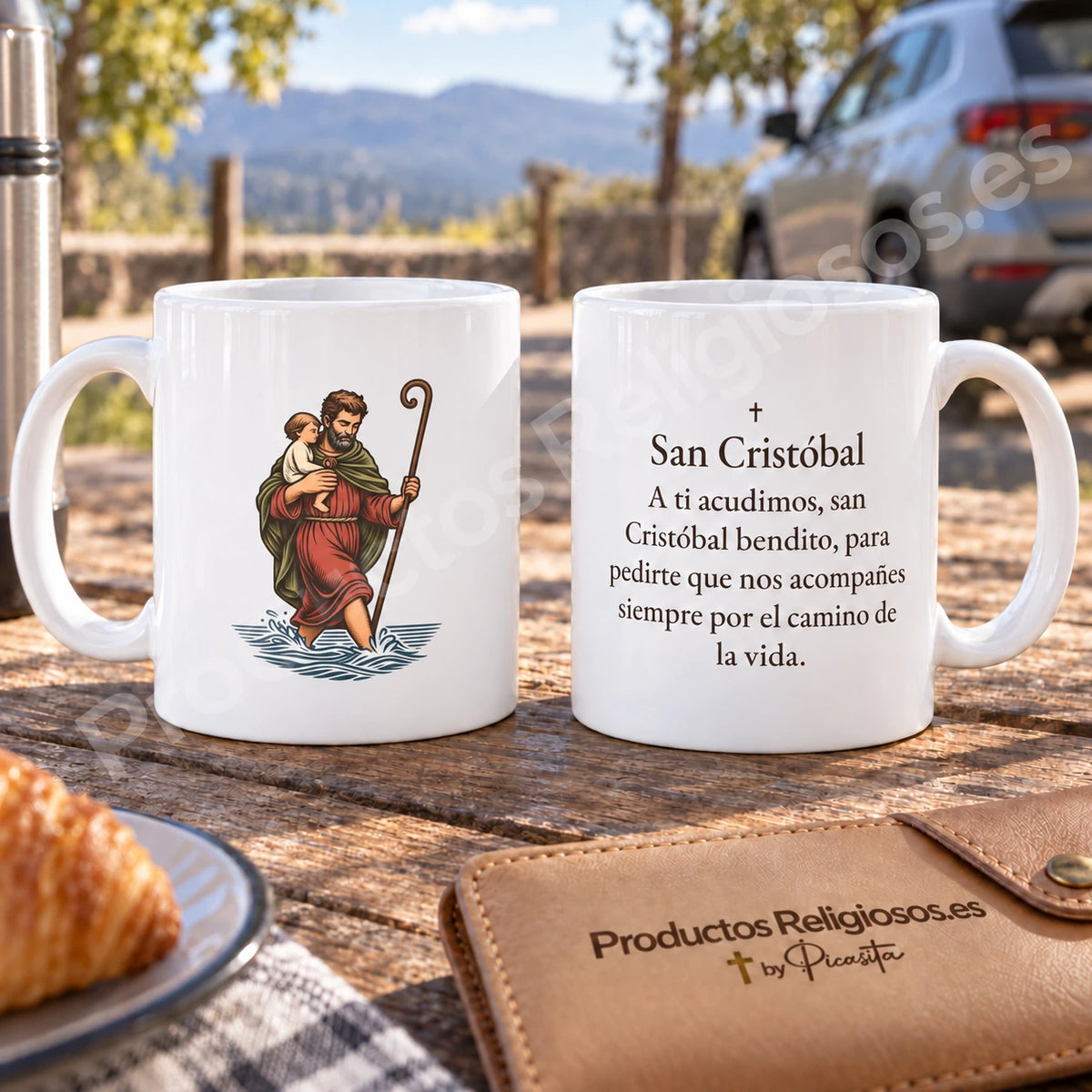 Saint Christopher mug, design 1, in colour, with the prayer in Spanish. Illustration and reverse views in a product scene.