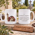 Saint Denis of Paris mug, design 3, in colour, with the prayer in Spanish. Illustration and reverse views in a product scene.