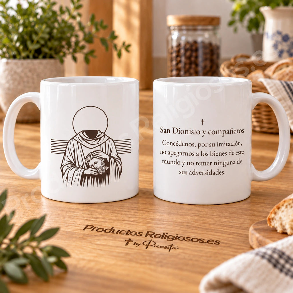 Saint Denis of Paris mug, design 4, in dark ink, with the prayer in Spanish. Illustration and reverse views in a product scene.