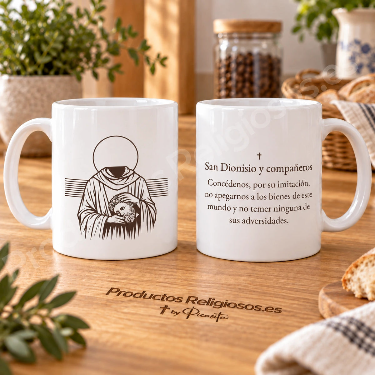 Saint Denis of Paris mug, design 4, in dark ink, with the prayer in Spanish. Illustration and reverse views in a product scene.