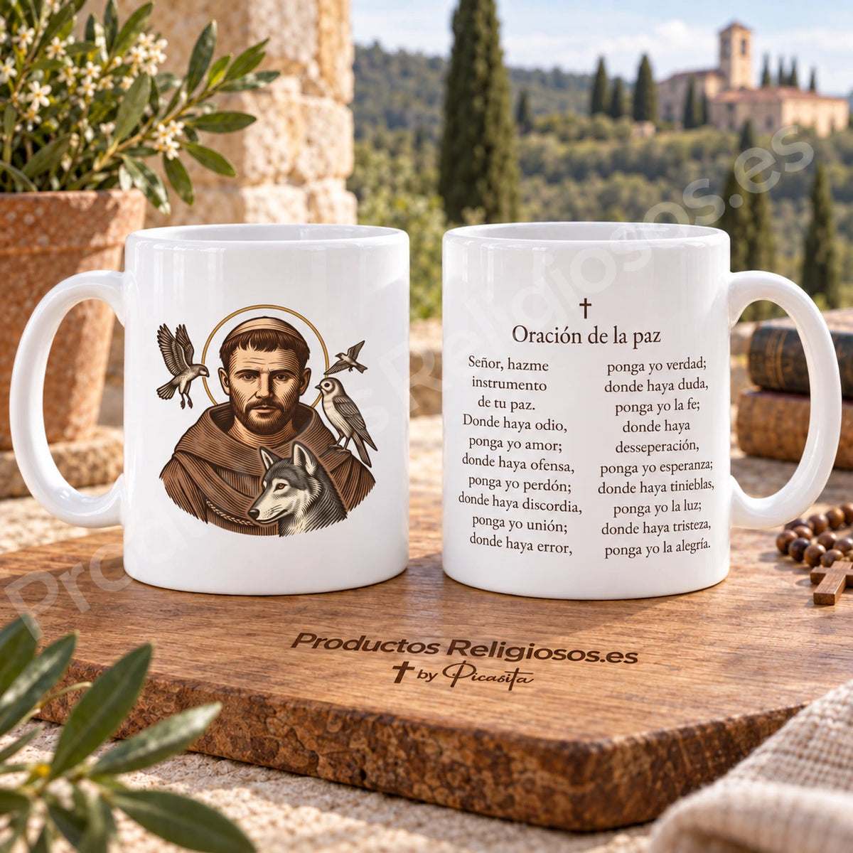 Tasse de saint François d’Assise, motif 4, en couleur, avec la prière pour la paix en espagnol. Vues de l’illustration et du verso dans une scène de produit.