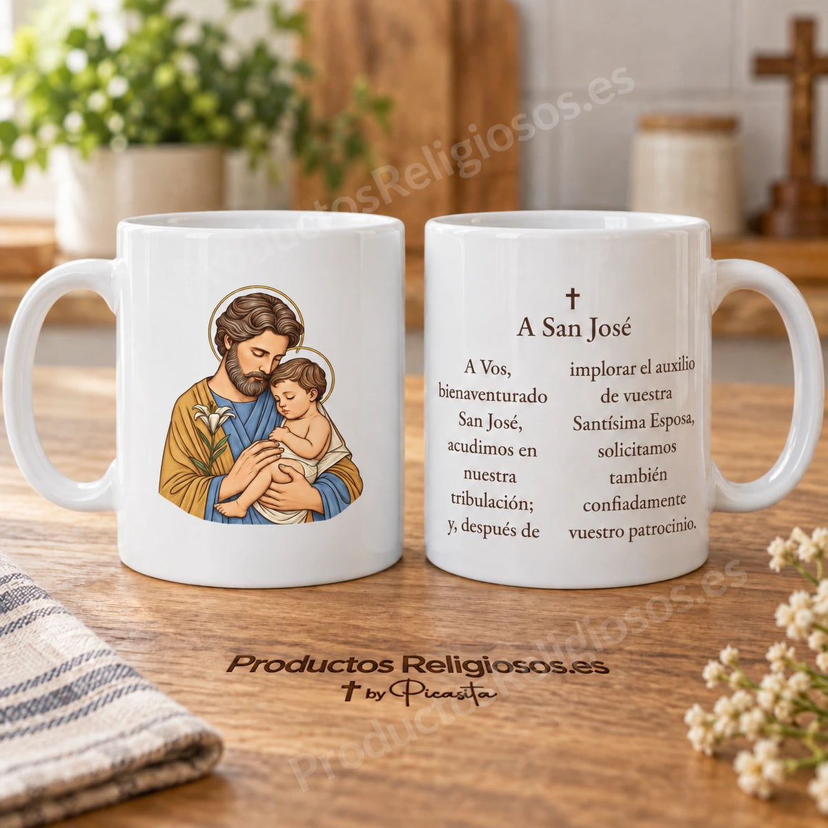 Caneca de São José, desenho 1, a cores, com a oração em espanhol. Vistas da ilustração e do verso numa cena de produto.