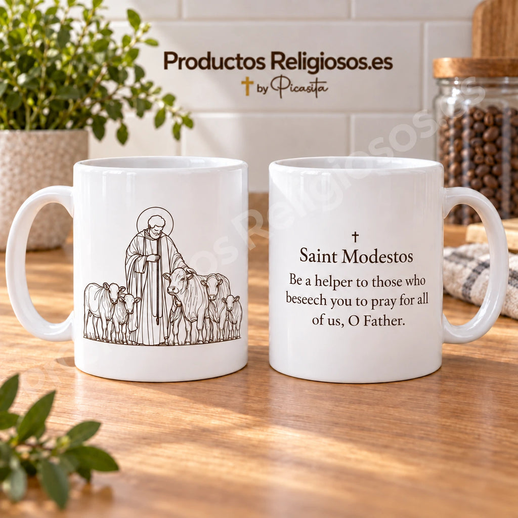 Tasse mit dem heiligen Modestos, Motiv 4 in dunkler Tinte und Gebetsauszug auf Englisch. Ansichten der Illustration und Rückseite in einer Produktszene.