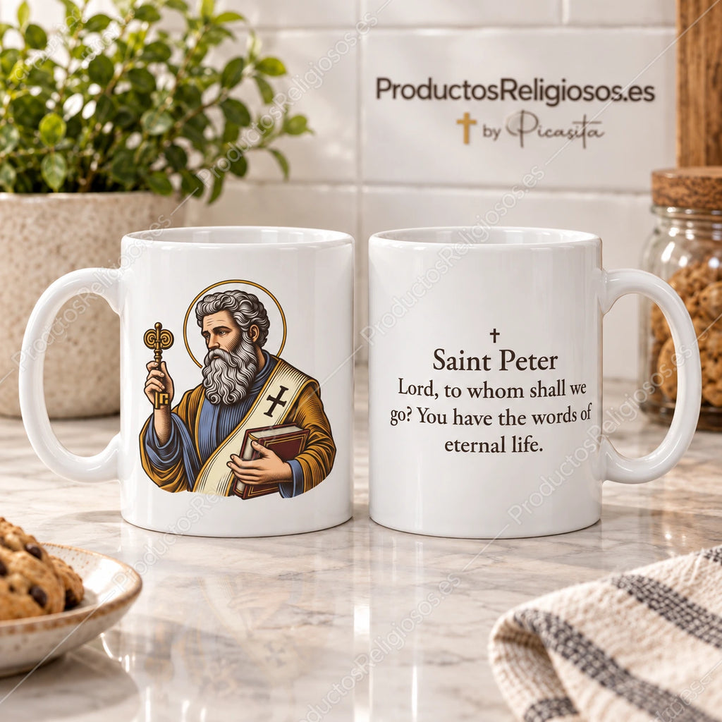 Caneca de São Pedro apóstolo, desenho 2 a cores e texto de João 6,68 em inglês. Vistas da ilustração e do verso numa cena de produto.