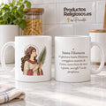 Tasse de sainte Philomène, motif 2 en couleur et extrait de prière en italien. Vues de l’illustration et du revers dans une scène de produit.