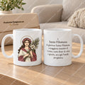 Tasse de sainte Philomène, motif 4 en couleur et extrait de prière en italien. Vues de l’illustration et du revers dans une scène de produit.
