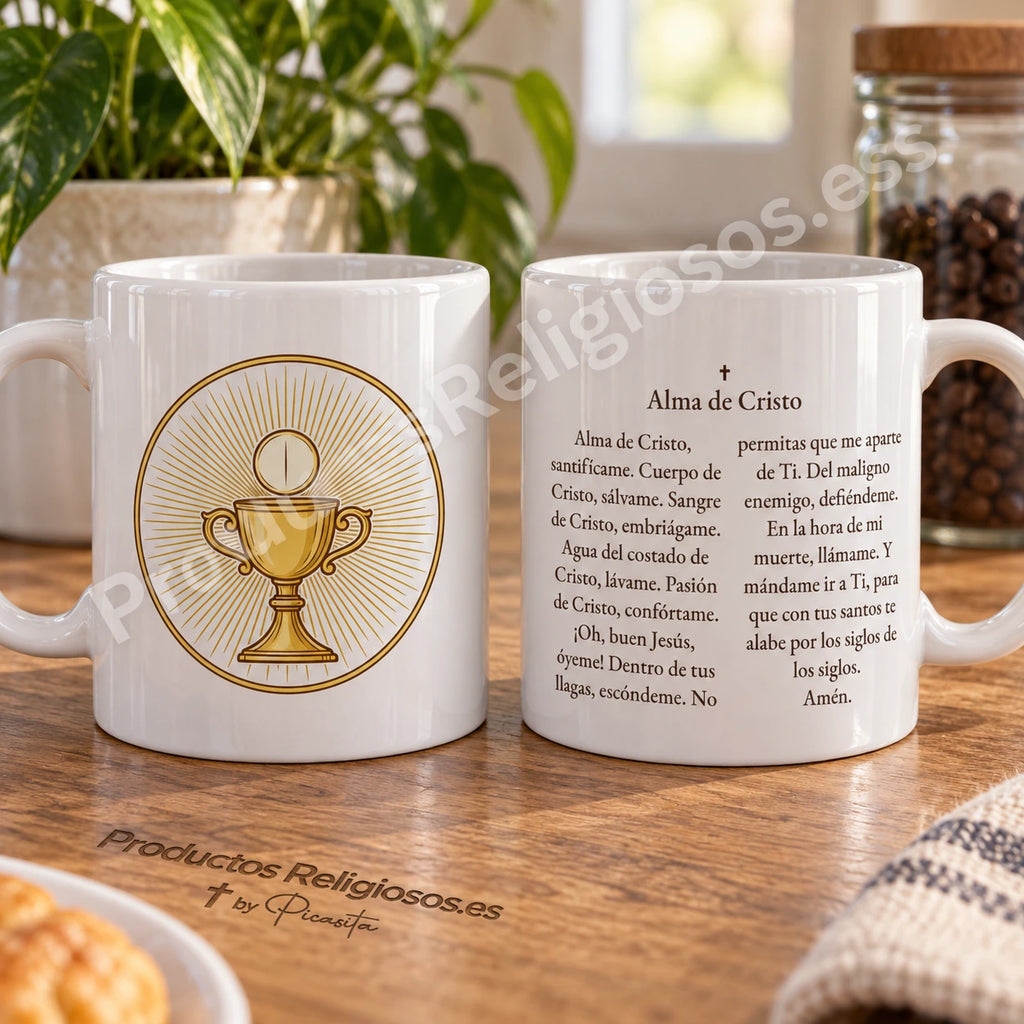 Tazza della preghiera · Anima di Cristo, disegno 1 a colori. Preghiera in spagnolo. Illustrazione e retro.