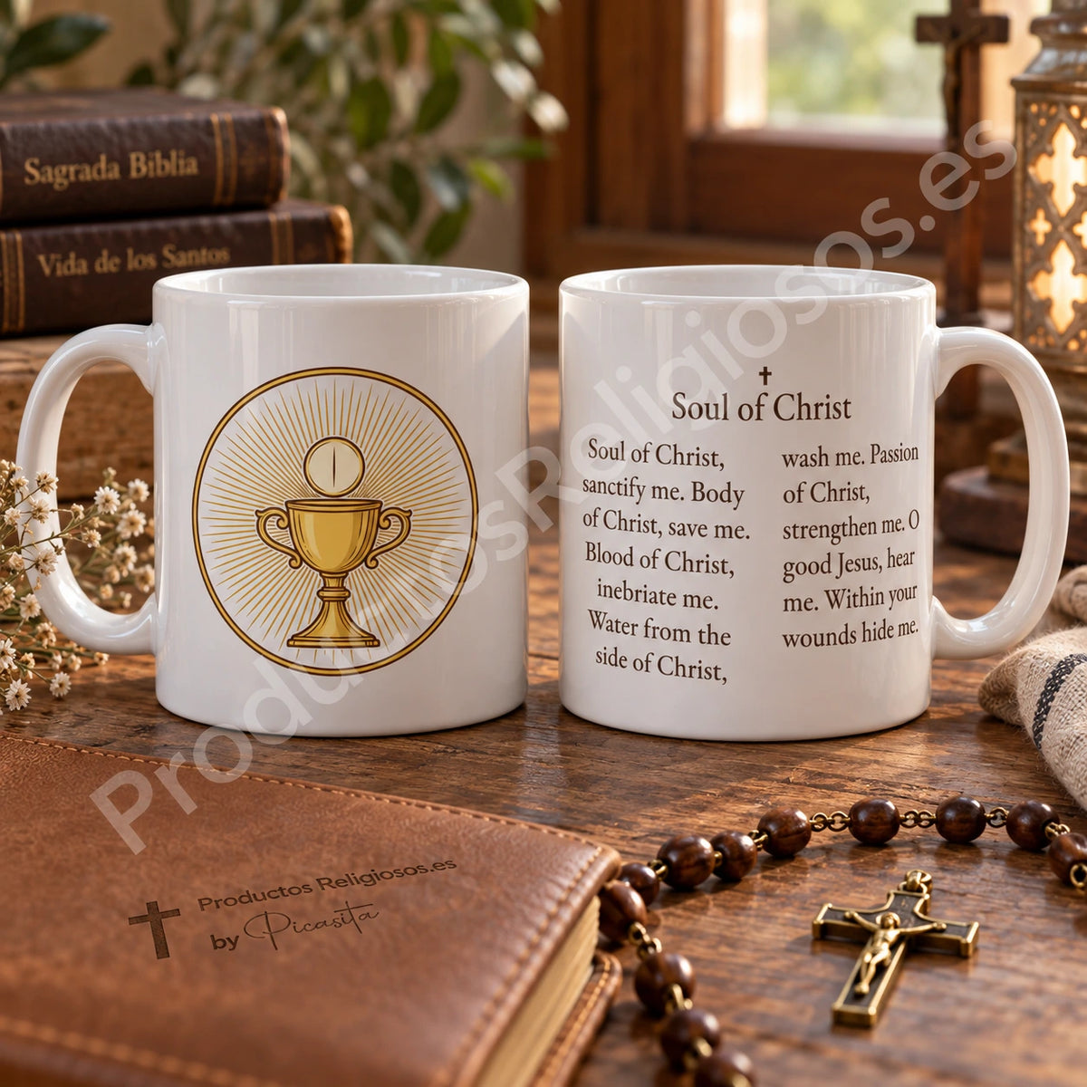 Prayer Mug · Anima Christi, design 1 in colour. Prayer excerpt in English. Illustration and reverse.