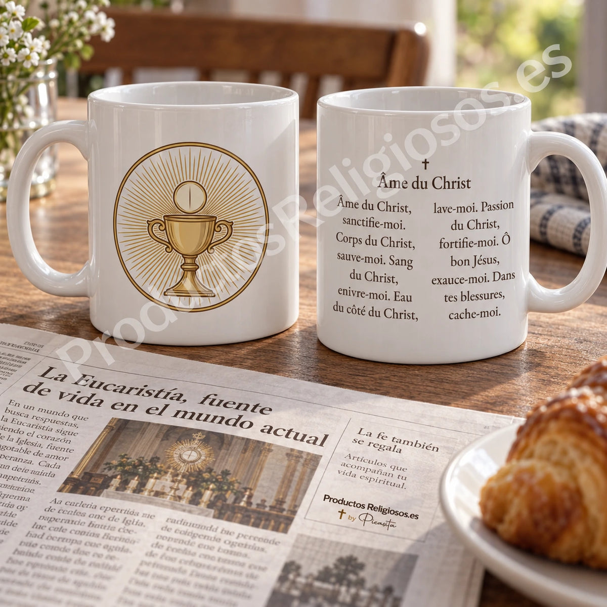 Prayer Mug · Anima Christi, design 1 in colour. Prayer excerpt in French. Illustration and reverse.