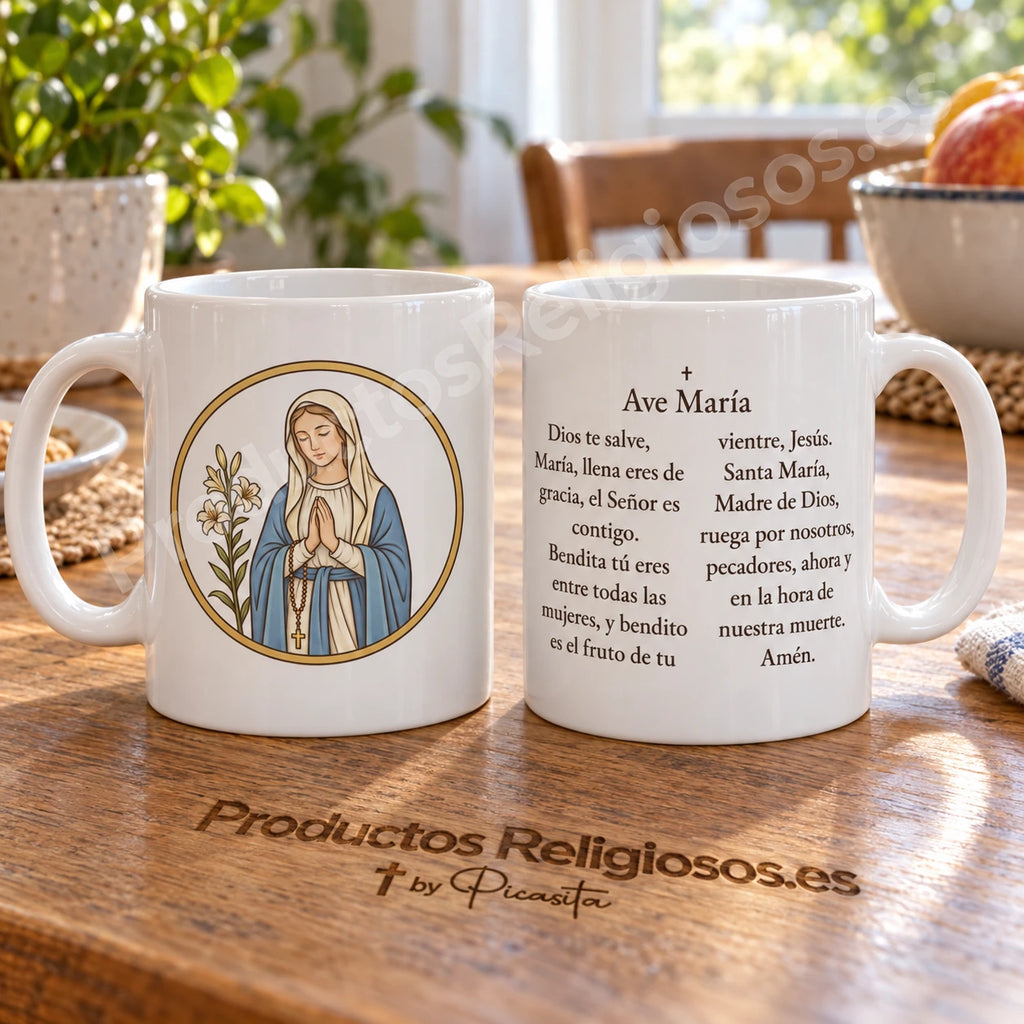Tazza della preghiera · Ave Maria, disegno 1 a colori. Preghiera in spagnolo. Illustrazione e retro.