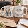 Tasse de la prière · Je vous salue Marie, motif 1 en couleur. Prière en latin. Illustration et revers.