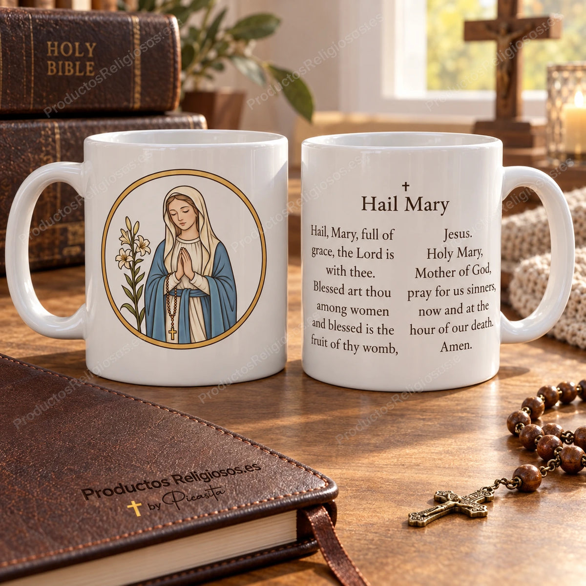 Prayer Mug · Hail Mary, design 1 in colour. Prayer in English. Illustration and reverse.