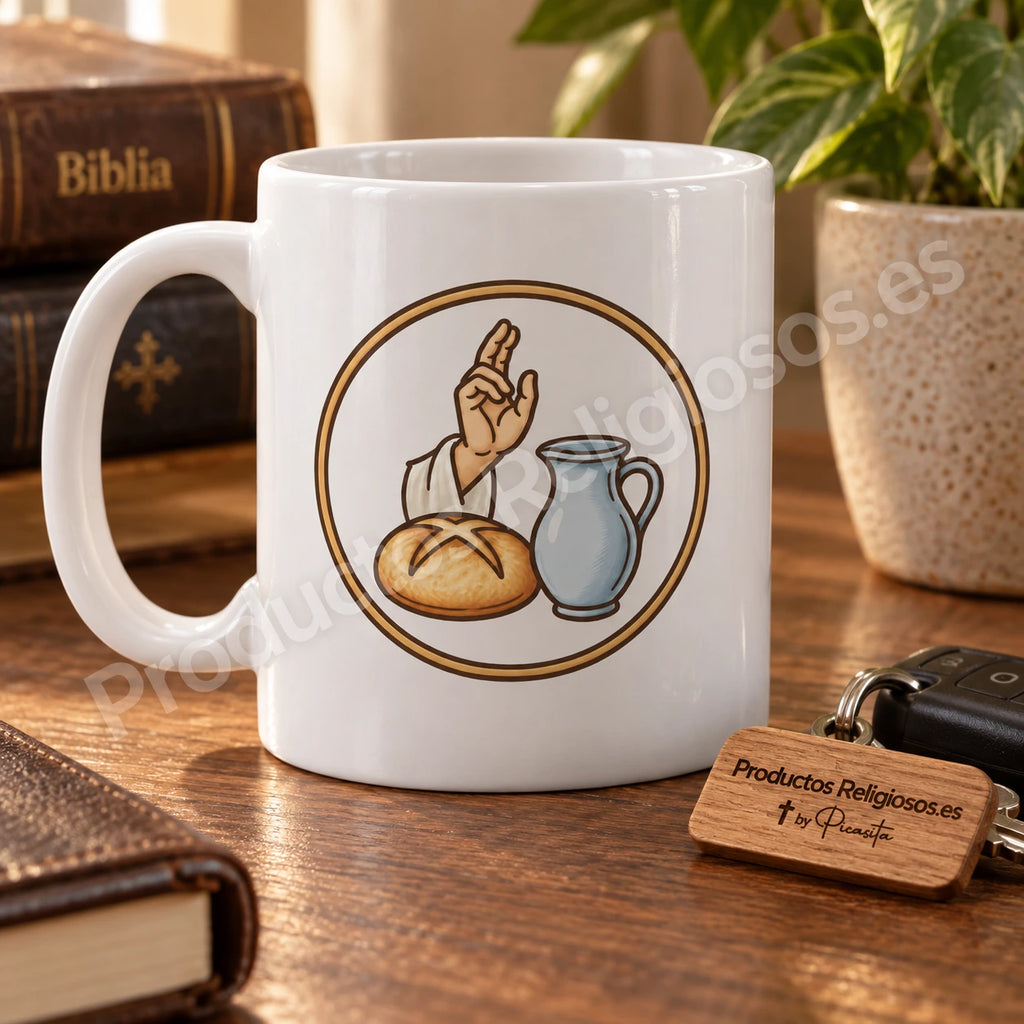 Taza de la oración · Bendición de la mesa, diseño 1 a color. Ilustración en una escena de producto.