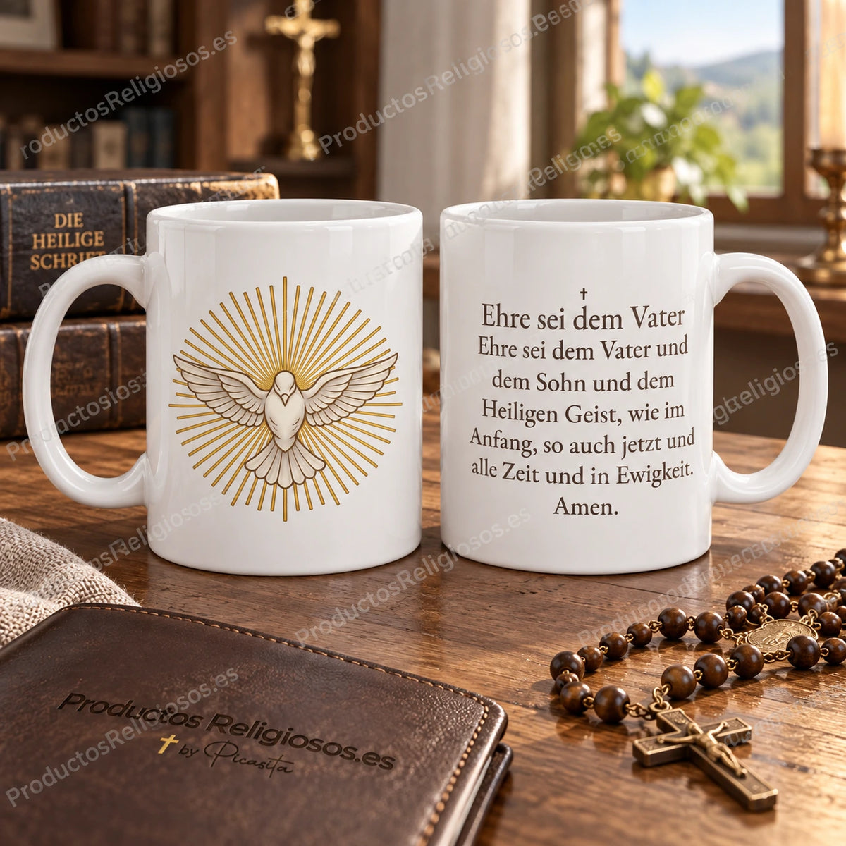 Glory Be Prayer Mug, design 1 in colour. Prayer in German. Illustration and reverse.
