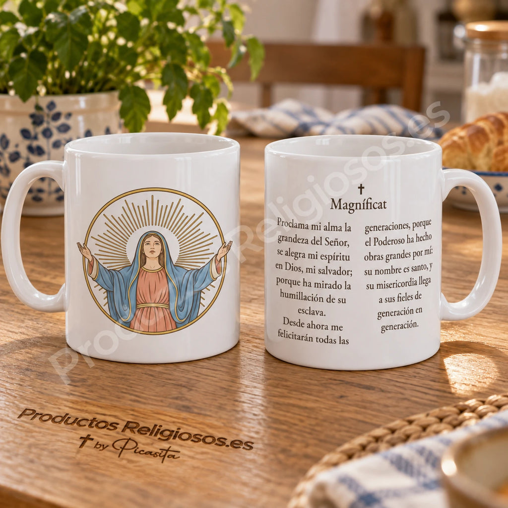 Taza de la oración · Magníficat, diseño 1 a color. Fragmento inicial del Magníficat en español. Vistas de la ilustración y el reverso.