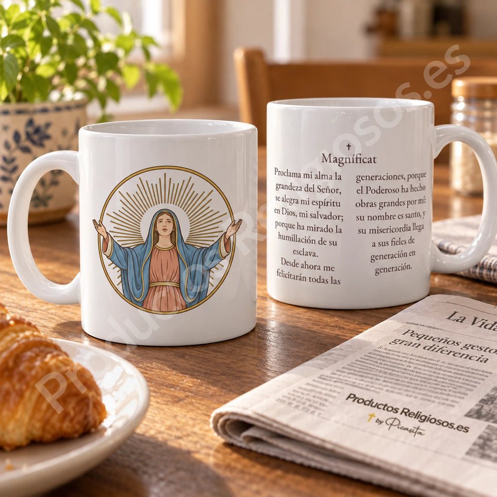 Taza de la oración · Magníficat, diseño 1 a color. Fragmento inicial del Magníficat en español. Vistas de la ilustración y el reverso.