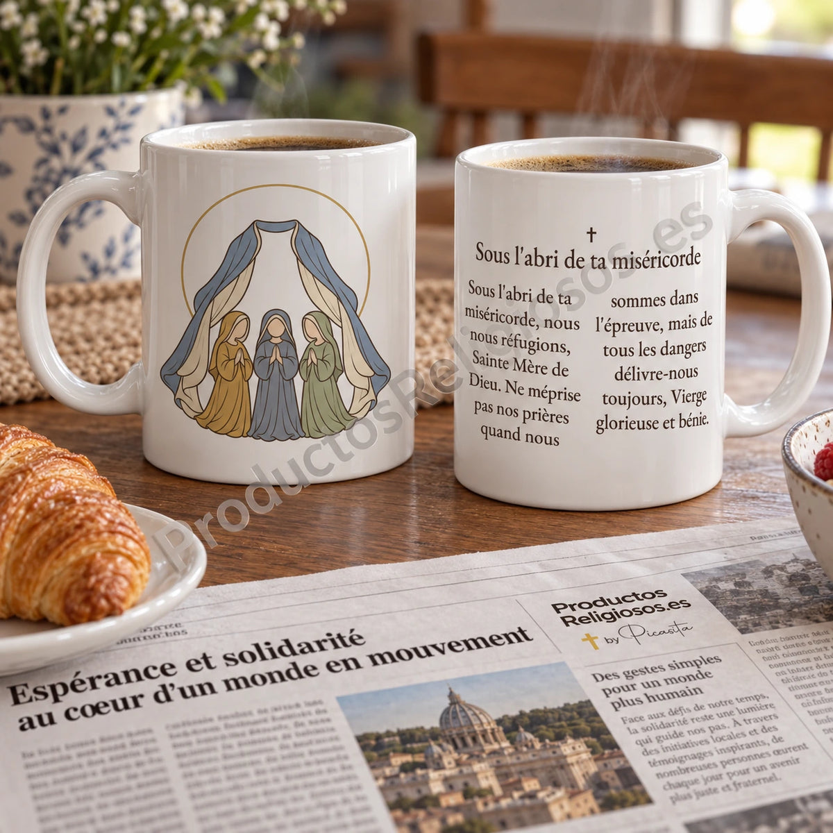 Gebetstasse · Unter deinen Schutz, Motiv 1 in Farbe. Gebet auf Französisch. Illustration und Rückseite.