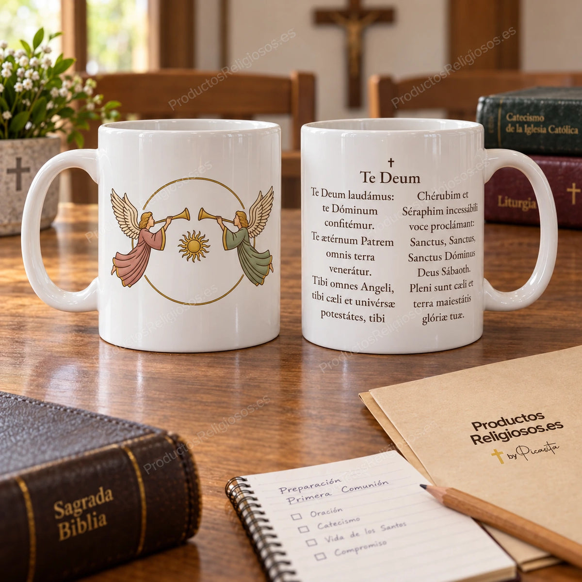 Betetasse · Te Deum, Motiv 1 in Farbe. Anfangsauszug des Te Deum auf Latein.