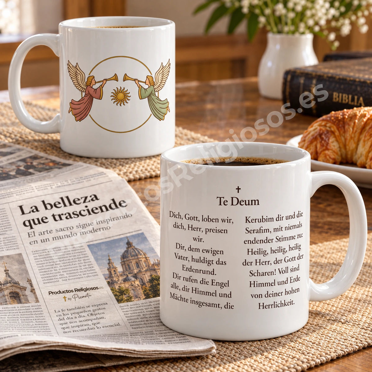 Betetasse · Te Deum, Motiv 1 in Farbe. Anfangsauszug des Te Deum auf Deutsch.