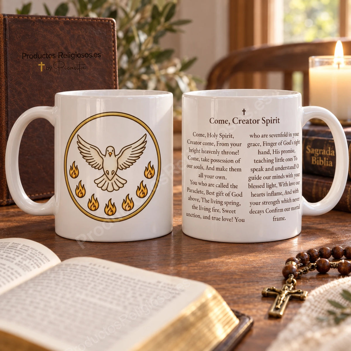 Gebetstasse · Veni Creator, Motiv 1 in Farbe. Anfangsauszug des Veni Creator auf Englisch.