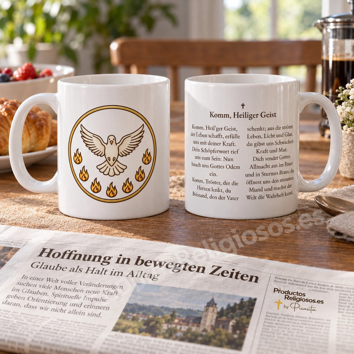 Gebetstasse · Veni Creator, Motiv 1 in Farbe. Anfangsauszug des Veni Creator auf Deutsch.